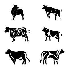 Wall Mural - Bull and Cow set. Premium logo. Stylized silhouettes of bull and cow standing in different poses. Isolated on white background. Bull logo design set. Horned bull cow vector icon.