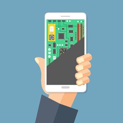 Poster - Riparazione ,CELLULARE  servizio informatico. Scheda madre nella sezione dello schermo. Illustrazione elettronica fai da te tecnologia assistenza tecnica