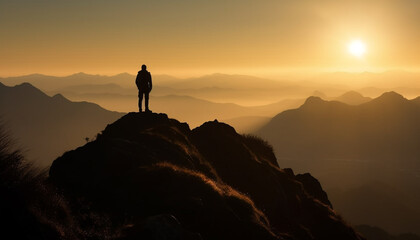 Canvas Print - Standing on cliff, backpack, admiring mountain peak generated by AI