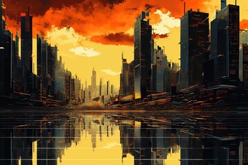 3d city sunset, retro view sci fi background with ocean reflection in water, futuristic landscape 1980s style, digital landscape cyber surface, 80s party background, Generative ai.