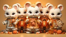 CNY Lion Dance Set. Including Rabbits In Traditional