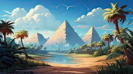 Wall Mural - Egyptian desert with river and pyramids. Vector cartoon