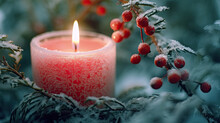 Close Up Of A Candle In A Spruce Tree With Berries