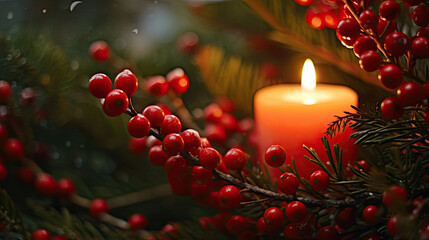 close up of a candle in a spruce tree with berries