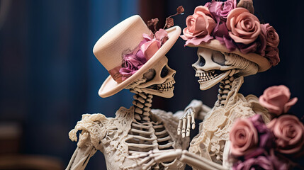 Close up of Two skeleton figurines in love 