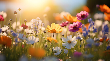 Wall Mural - Bright wildflowers with a beautiful blurred background.