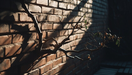 Brick wall with tree branch shadow pattern generated by AI