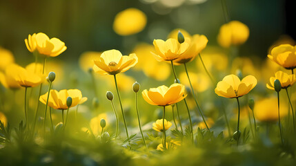 Wall Mural - Bright wildflowers with a beautiful blurred background.