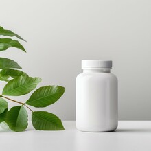 Blank Supplement Bottle, On A Clean White Background With Leaf Behind. Generative Ai