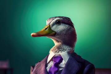 Wall Mural - Anthropomorphic Duck in a suit like a businessman. Business Concept. AI generated, human enhanced