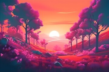 Wall Mural - Beautiful forest landscape with a sunset in a synthwave style. Beautiful colorful forest painting.  Synthwave Wallpaper/Background 