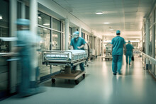 Hospital Emergency Team Rush Patient On Gurney To The Operating Theater. Corridor In Medical Clinic With Working Doctors, Motion Blur Effect. Created With Generative AI