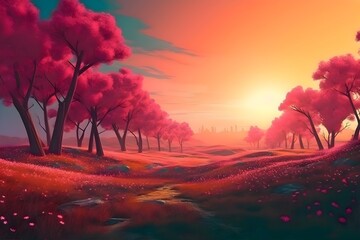 Wall Mural - Beautiful forest landscape with a sunset in a synthwave style. Beautiful colorful forest painting.  Synthwave Wallpaper/Background 