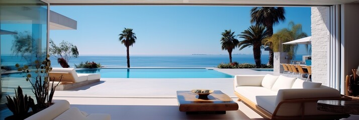 Wall Mural -  banner summer luxury estate villa with large swimming pool, Luxury modern estate property on hill with stunning sea view, Summer vacation, tourism, copyspace, generative ai