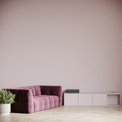 Wall Mural - Room in beige and pink mauve colors. Small lilac rose sofa and cabinet with a shelf. Minimalistic living room space for art. Blank wall painted in pastel tone. Lounge or reseption, office. 3d render