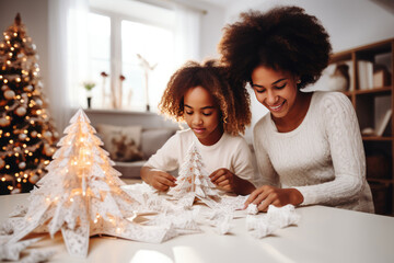 Modern afro-american family making handmade paper christmas ornaments and decorations in light minimalist interior