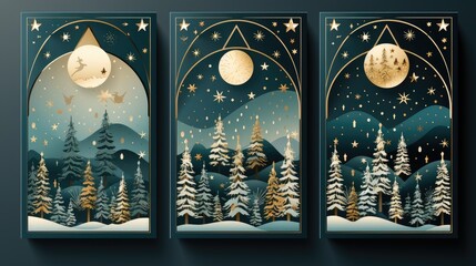 Wall Mural - Merry Christmas and New Year posters set with winter