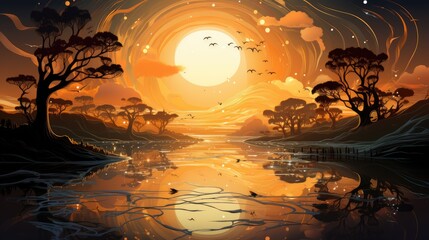 Wall Mural - Mesmerizing ethereal burning light water composition sunset on the lake