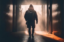 A Person With A Backpack Walking Into A Dark Hallway With Fog And Light Coming Through The Doors And The Light Coming Through The Door Is From Behind Them And The Man Is Wearing A Hooded Jacket.