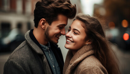 Young couple smiling, embracing, enjoying city life generated by AI