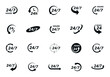24 7 icon set. The 24 hour service is open 24 hours a day, 7 days a week. Simple illustration set of 24-7 elements, can be used in logo, ui and web design. 24-7 service concept. Vector illustration.