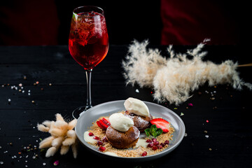 Canvas Print - Muffins with cream cheese, strawberries, pomegranate seeds and sauce, dessert.