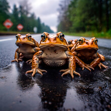 Giant Toads Walking Down The Road On A Rainy Day. AI Generative.