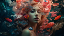 Aesthetic Woman: Divine, Sensual Studio Photography Of A Perfect Woman, Underwater Mermaid, Fish, Perfect Portrait, Makeup, Photoshop. Generative AI, Generative KI
