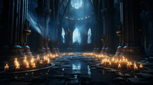 An Ancient Cathedral In The Light Of Many Candles. High Quality Illustration