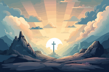 Wall Mural - Heavenly Presence: Cartoon Sky over Golgotha Hill Shrouded in Majestic Light and Clouds, Unveiling the Holy Cross Symbol. AI Generated