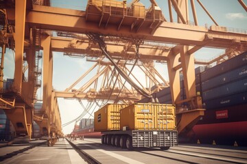 Wall Mural - Container ship at the berth in cargo terminal of the port under loading. Port cranes load containers, a special vehicle delivers containers. International freight shipping concept. 3D illustration.