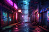 Fototapeta Londyn - City alleyway with neon lights. Night view of a quiet street. Generative AI