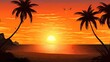 A beach scene with a sunset and palm trees. Generative AI