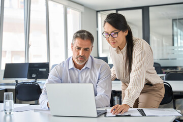 Two busy diverse professional coworkers discussing work using laptop in office. Asian employee learning online project discussing business plan with mature manager looking at computer at meeting.