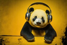 A Panda Bear Wearing Headphones And Sitting On A Yellow Surface With A Yellow Background And A Yellow Wall Behind It Is A Black And White Panda Bear With Headphones On It's.