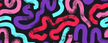 Multi Colored Bold Squiggle Lines Seamless Pattern. Brush Drawn Thick Doodle Lines Ornament. Grunge Squiggles. Lilac, Pink And Red Curved Brush Strokes. Abstract Organic Geometric Background.