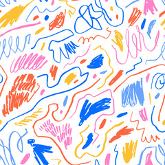 Aufkleber - Multi colored charcoal pencil curly lines and squiggles seamless pattern. Scribble brush strokes ornament. Hand drawn marker scribbles. Colorful pencil sketches. Brush stroke lines, squiggles, daubs.