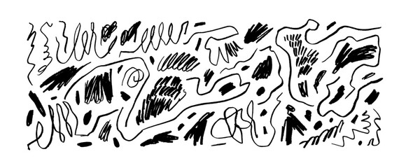 Poster - Collection various scribble lines and doodles. Hand drawn pencil curved lines, crayon drawing. Charcoal abstract elements with scratches. Vector squiggles, marker scribbles.