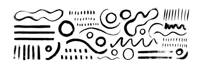 Poster - Collection various doodle geometric shapes and lines. Hand drawn vector elements drawn with a brush. Childish style geometric elements isolated on white background. Organic shapes, circles and dots.