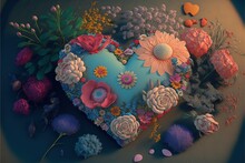 A Blue Heart Surrounded By Flowers And Other Flowers On A Brown Background With A Pink Heart Surrounded By Smaller Pink And White Flowers And A Blue Heart With A Few Smaller Pink Flowers On The.