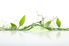 A Group Of Green Leaves Splashing Into A Body Of Water. Generative AI. Splash Of Green Tea On White Background.