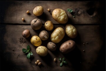 Wall Mural - a group of potatoes sitting on top of a wooden table next to a leafy green leafy plant on top of a wooden table next to a pile of potatoes on a wooden surface.