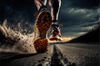 a person running on a road with a sky background and clouds in the background, with a trail of dust coming from the bottom of the shoe of the running man's feet and the shoe. generative ai