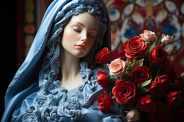 Wall Mural - A statue of a woman holding a bouquet of roses. Generative AI. Virgin Mary statue.