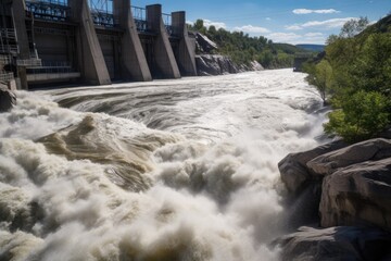 Sticker - view of hydroelectric power plant, with water rushing through the turbines and into the river below, created with generative ai