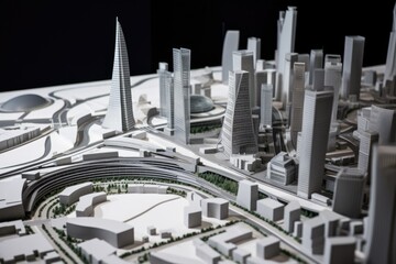 Poster - architectural model of futuristic city, with high-tech buildings and sleek design, created with generative ai