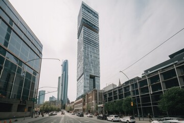 Wall Mural - modern skyscraper towering over city, with people and vehicles visible in the streets below, created with generative ai