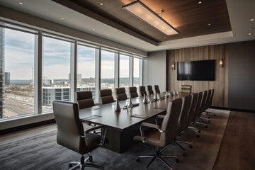 Sticker - a boardroom with a view of the city skyline, for high-tech and professional meetings, created with generative ai