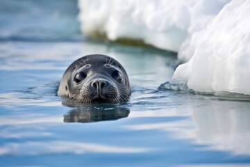 Poster - seal pup peeks out from behind ice floe with curious expression, created with generative ai