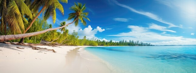 tropical island with palm trees, white sand and coco palms travel tourism wide panorama background concept, amazing beach landscape